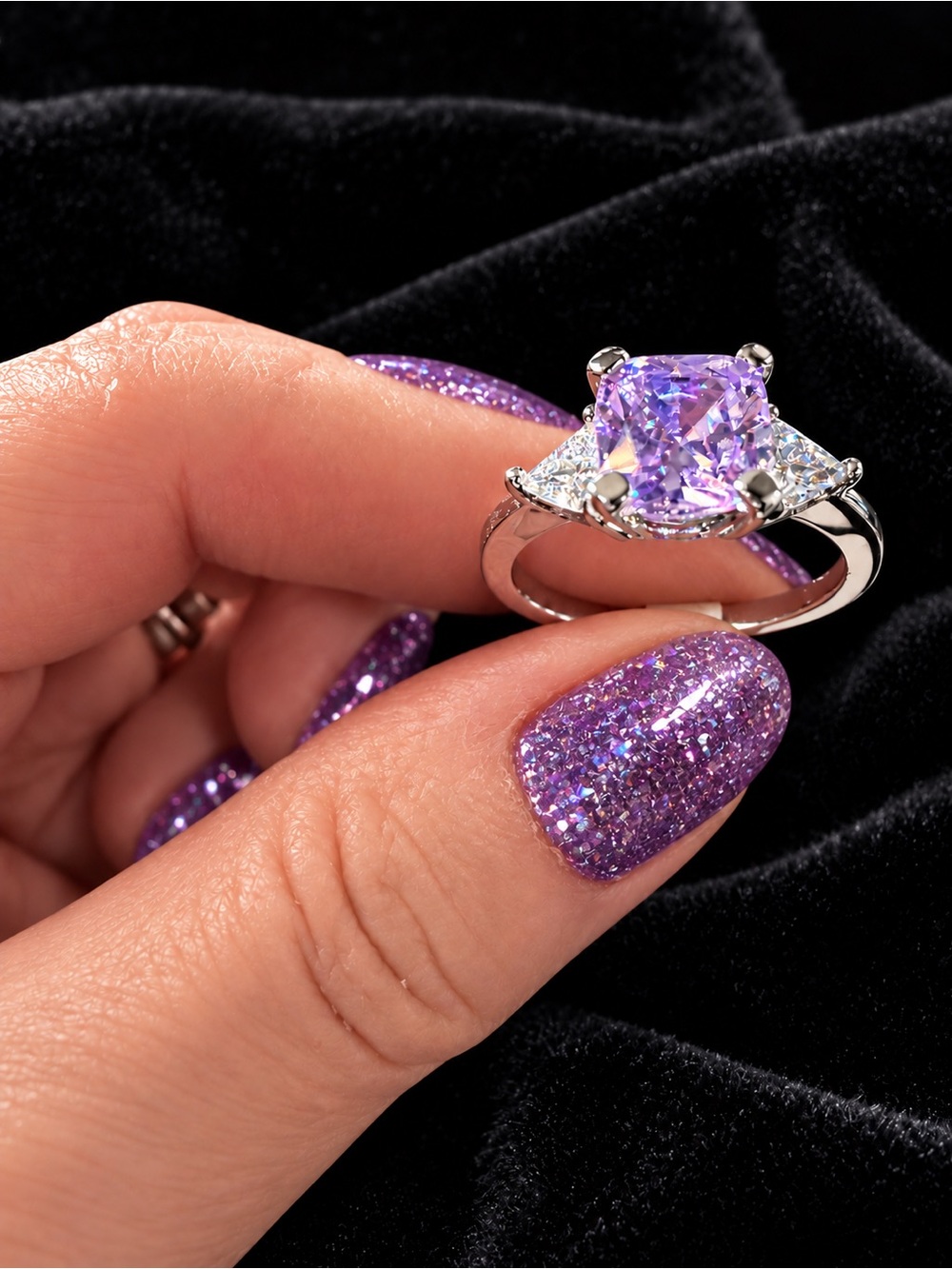 Cushion-Cut Lilac Statement Ring in Silver Tone Size 7